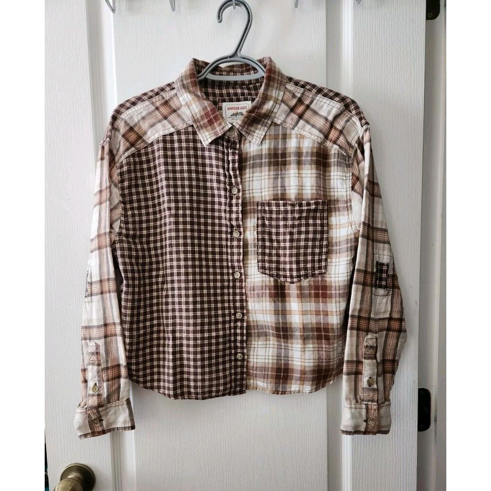 American Eagle Women's Plaid Shirt Button Up Long Sleeve Brown Khaki Size S